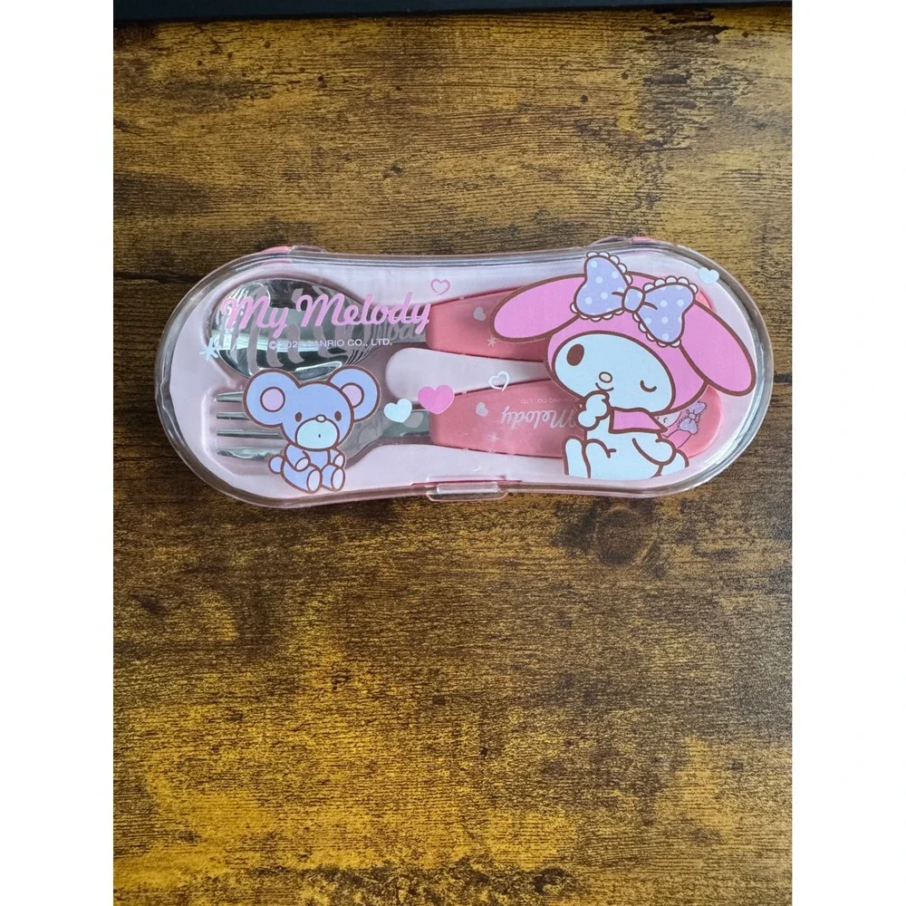 Sanrio My Melody Spoon Fork Set with Travel Case Pink Kids Lunch Utensils NEW